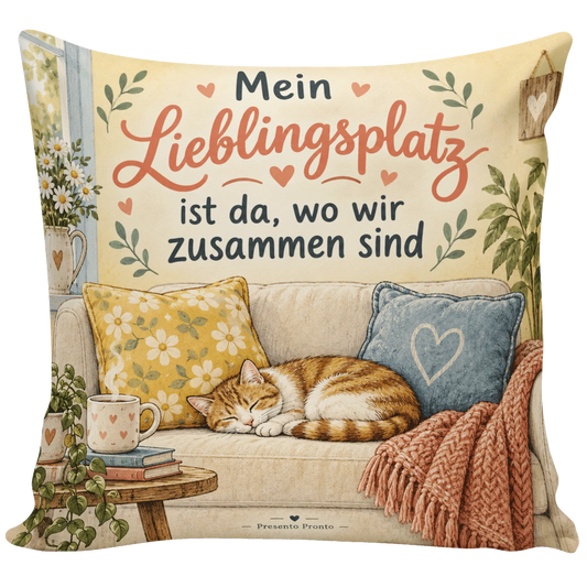 Gemütliches Kissen Lieblingsplatz für Katzenfreunde mit schlafender Katze|p:2015026|h:cd8fa08624b466f30785e7a25707c5c6