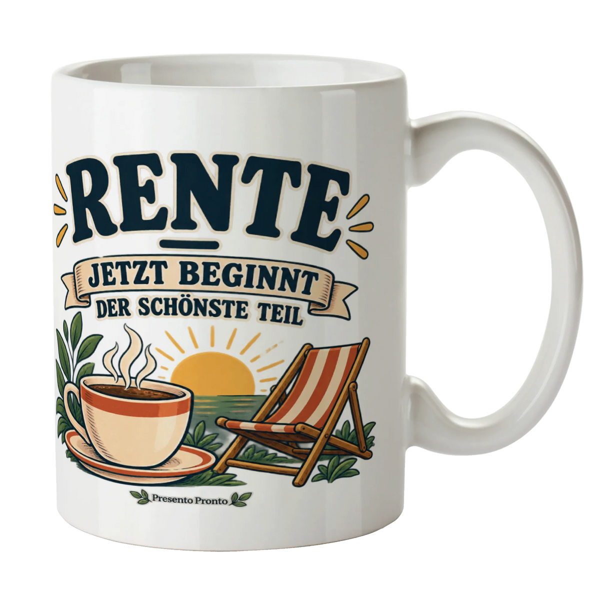 Fröhliche Tasse zur Rente mit Sonne und Liegestuhl|p:2015036|h:fbfefa7400e4af5e41d804eb41c48a6f