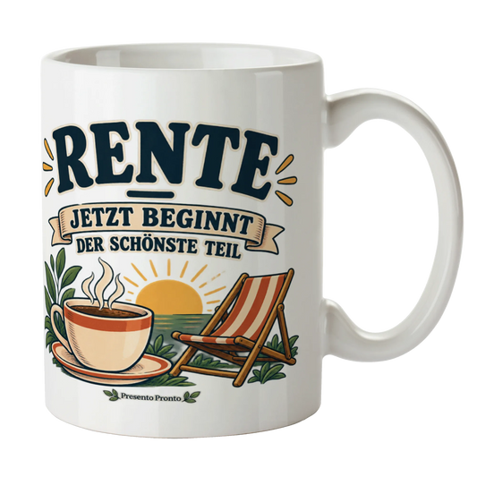 Fröhliche Tasse zur Rente mit Sonne und Liegestuhl|p:2015036|h:fbfefa7400e4af5e41d804eb41c48a6f