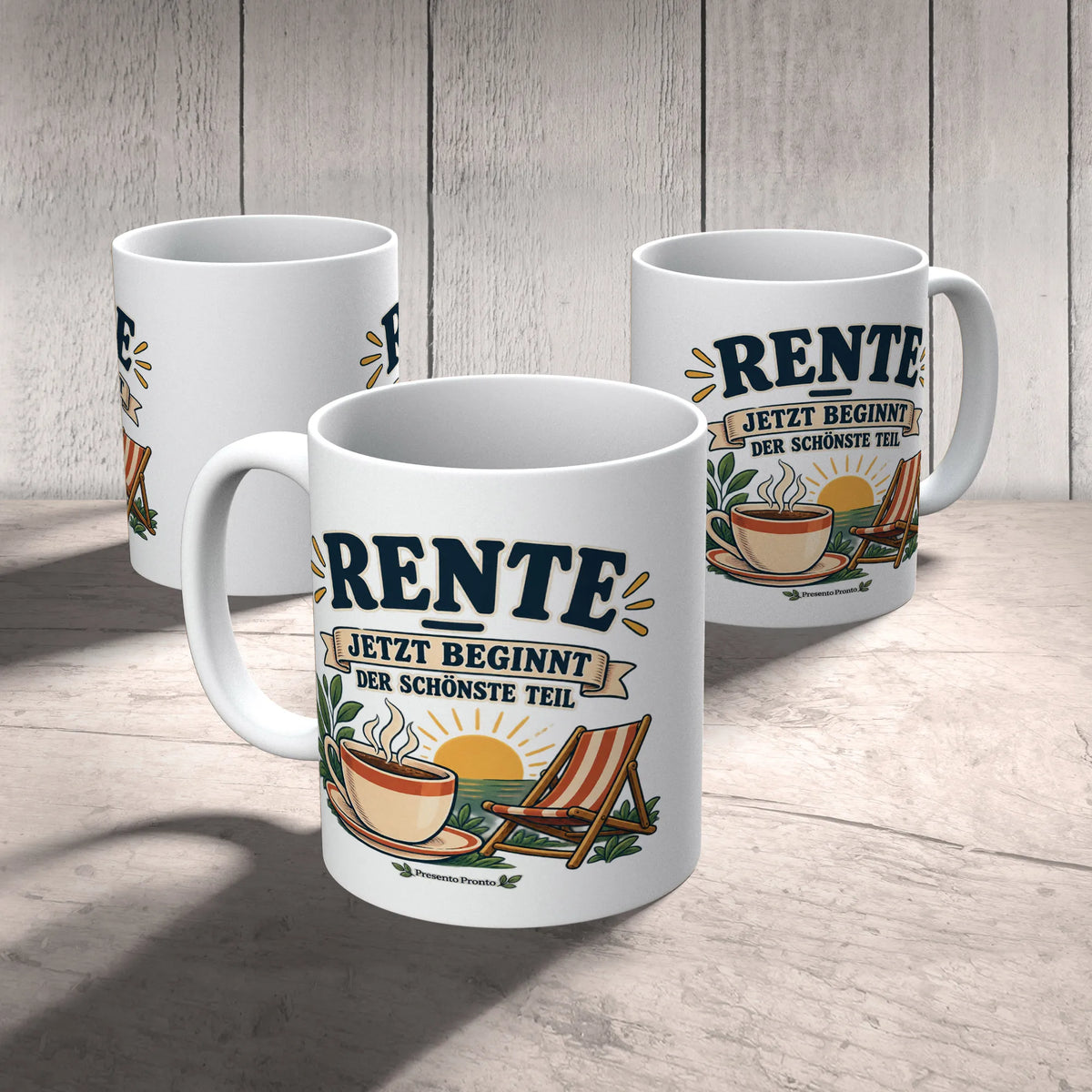Fröhliche Tasse zur Rente mit Sonne und Liegestuhl|p:2015036|h:d5df3e46c793f6a015b651ca64796928