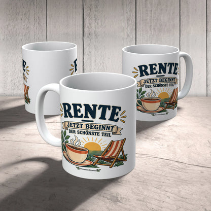 Fröhliche Tasse zur Rente mit Sonne und Liegestuhl|p:2015036|h:d5df3e46c793f6a015b651ca64796928