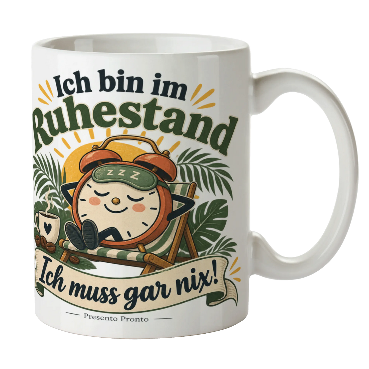 Lustige Tasse zur Rente mit Wecker und Schlafmaske|p:2015044|h:f0d80280962adb319b32c796722c32f3