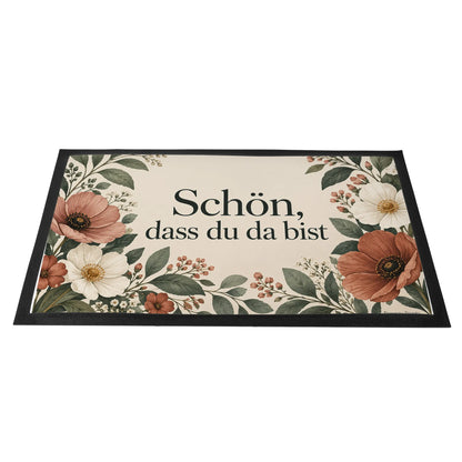Elegante Fußmatte mit Blumen zum herzlichen Willkommen|p:2015047|h:7a9cfd6d7ff98bdf92c6a17f99cf1b77