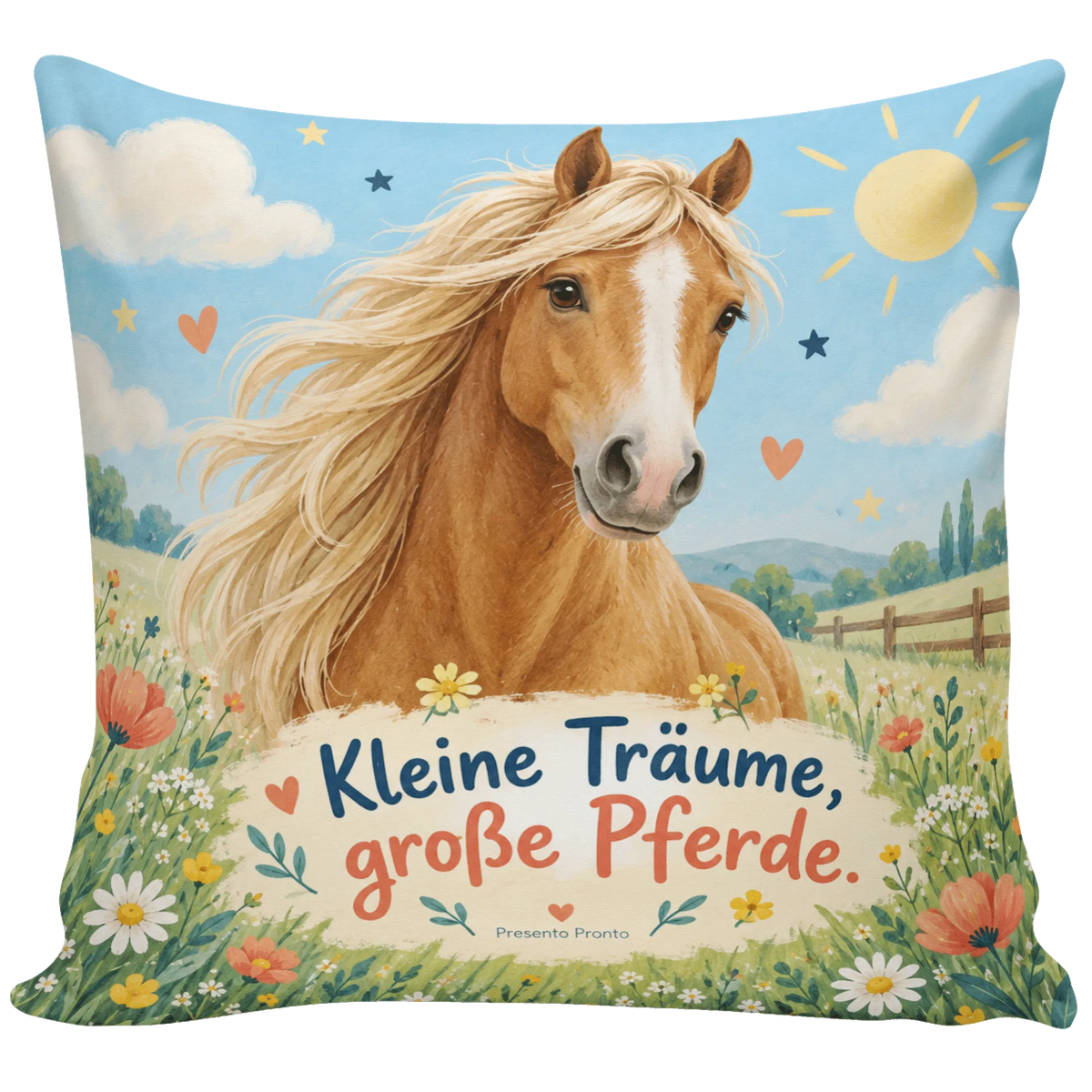 Süßes Kissen mit Pferd für Kinder auf Blumenwiese|p:2015069|h:99a8df270615727cbb19d567143e3403