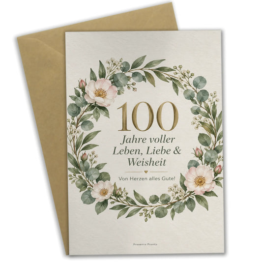 Elegante Glückwunschkarte zum 100. Geburtstag mit Blumenkranz|p:2015079|h:16c183be86070db7cbd1b9c7d027f651