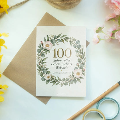Elegante Glückwunschkarte zum 100. Geburtstag mit Blumenkranz|p:2015079|h:653266fcfb9003ed019840e4ee7770ff
