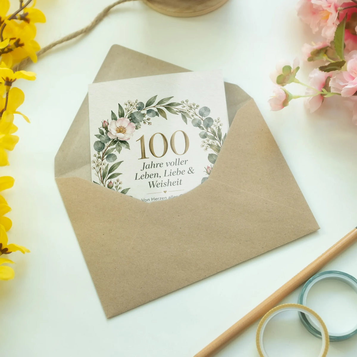Elegante Glückwunschkarte zum 100. Geburtstag mit Blumenkranz|p:2015079|h:1f3f5d0da380f9cf603fc39960b1fffe