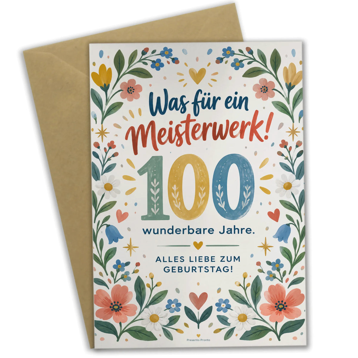 Fröhliche Glückwunschkarte zum 100. Geburtstag mit Blumen|p:2015080|h:0276e7b7d2aec846c0000b936f43ad98