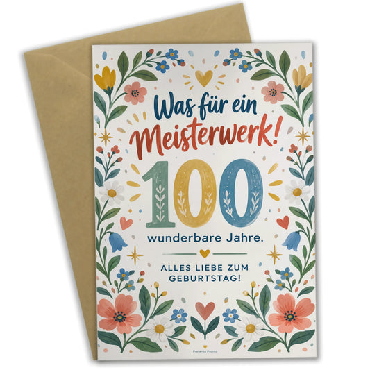 Fröhliche Glückwunschkarte zum 100. Geburtstag mit Blumen|p:2015080|h:0276e7b7d2aec846c0000b936f43ad98