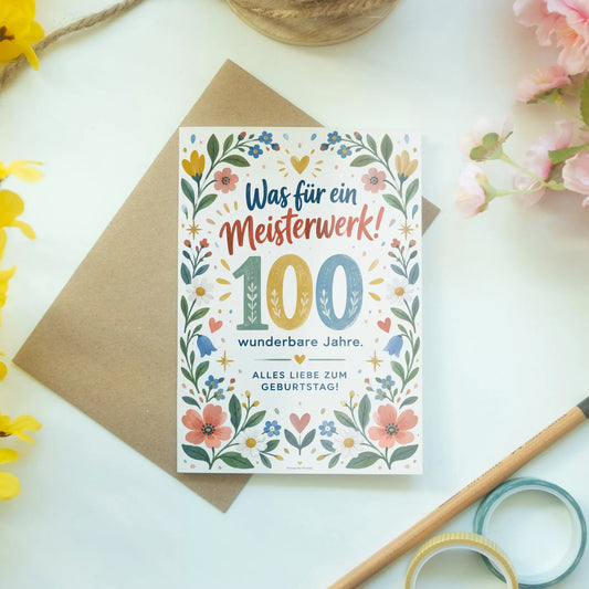 Fröhliche Glückwunschkarte zum 100. Geburtstag mit Blumen|p:2015080|h:a3ee7cd7ebe77cd4ccdf093af4fa336d