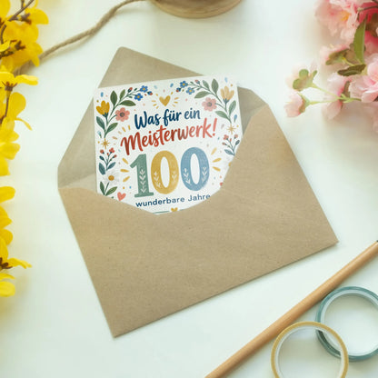 Fröhliche Glückwunschkarte zum 100. Geburtstag mit Blumen|p:2015080|h:f0a43b4e9b867f0be23ca27fcdd3bed4