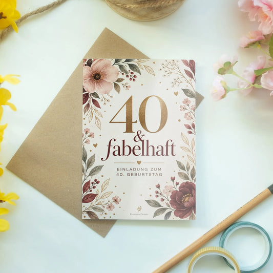 Elegante Einladungskarten zum 40. Geburtstag mit Blumen|p:2015083|h:a6724ccbb7007eb69f57afddbc27e00b