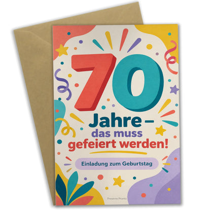 Fröhliche Einladungskarten zum 70. Geburtstag mit Konfetti und Zahl 70|p:2015090|h:527acb35a2fa1929aa571f99dd95af76