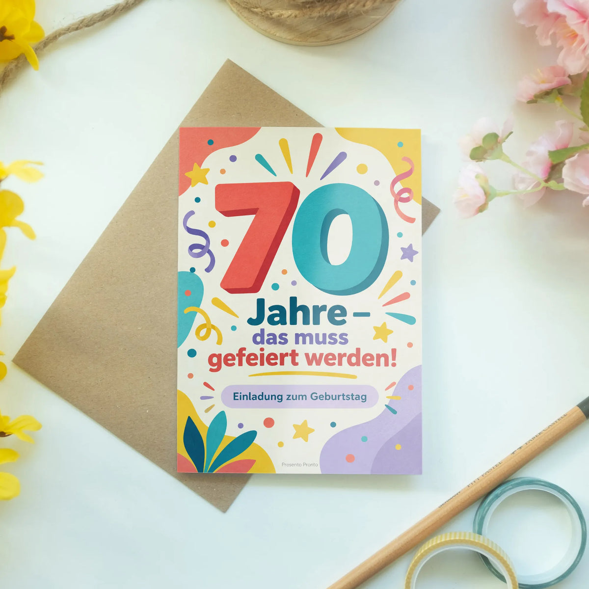Fröhliche Einladungskarten zum 70. Geburtstag mit Konfetti und Zahl 70|p:2015090|h:603017f68b4dc79db9b4ab4b8dea68cc