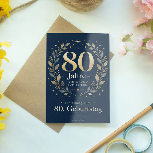 Elegante Einladungskarten zum 80. Geburtstag mit goldener 80|p:2015092|h:f7456604ac3b4ce691eabac9441f2ffe