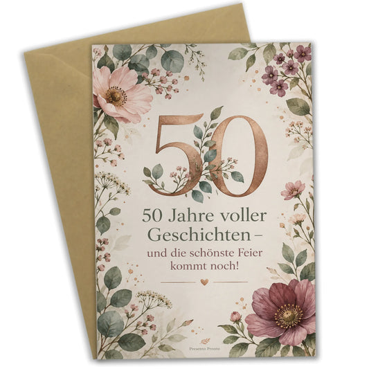 Elegante Einladungskarten zum 50. Geburtstag mit Blumen|p:2015095|h:68e70a08fa98a164972f3687557ecf21