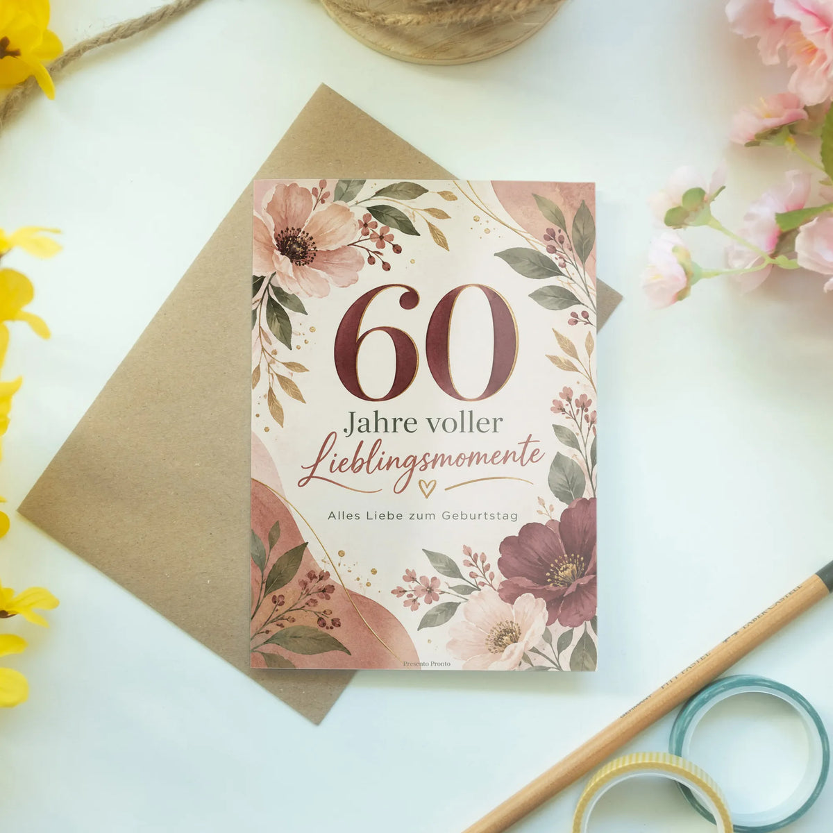 Elegante Geburtstagskarte für Frau zum 60. Geburtstag mit Blumen|p:2015098|h:ce1d23f2802a8d531f53067a2de41559