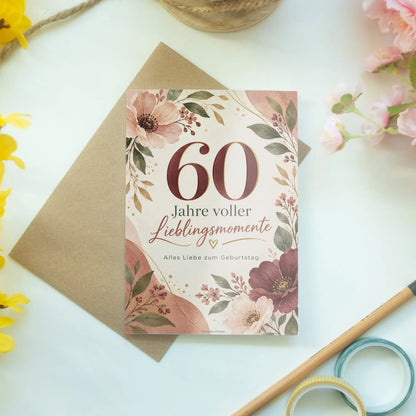 Elegante Geburtstagskarte für Frau zum 60. Geburtstag mit Blumen|p:2015098|h:ce1d23f2802a8d531f53067a2de41559
