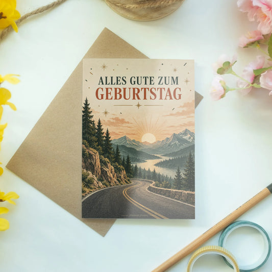 Herzliche Geburtstagskarte für Jungs mit Bergstraße zum Sonnenaufgang|p:2015120|h:570e878fdd3c5e05077574305d33bd3e