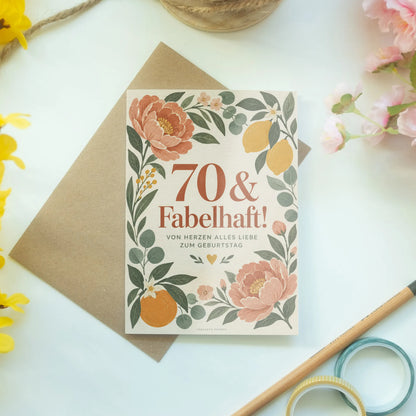 Herzliche Geburtstagskarte für Frau zum 70. mit Blumenrahmen|p:2015123|h:a7227e897a7ff765c511bc43e6c66540