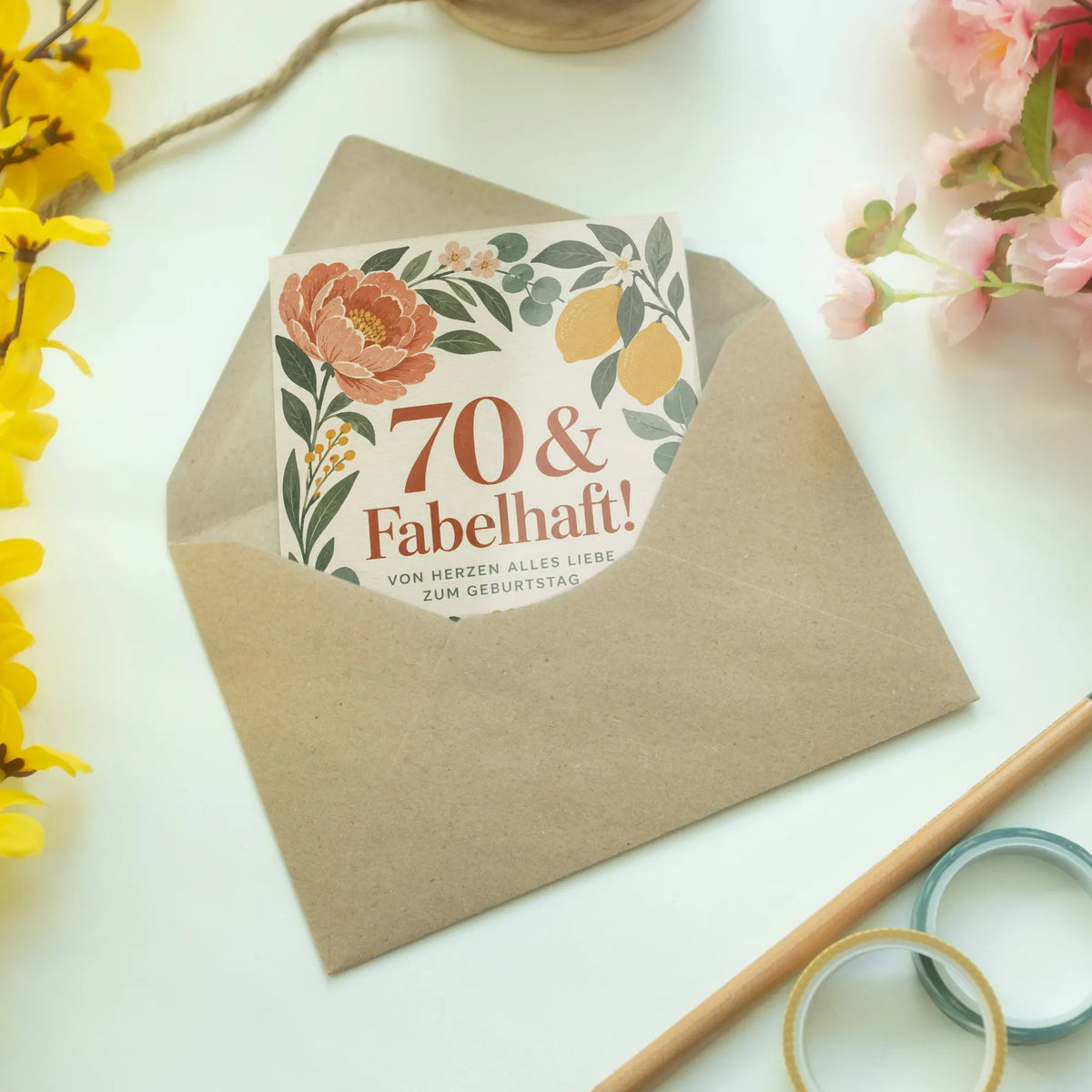 Herzliche Geburtstagskarte für Frau zum 70. mit Blumenrahmen|p:2015123|h:9e2ca8bf2902adeb158996a969786fd6