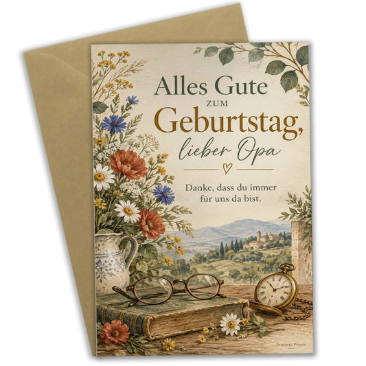 Herzliche Geburtstagskarte für Opa mit Blumen und Taschenuhr|p:2015135|h:888164ca49908af75b4bd2d8798acd96