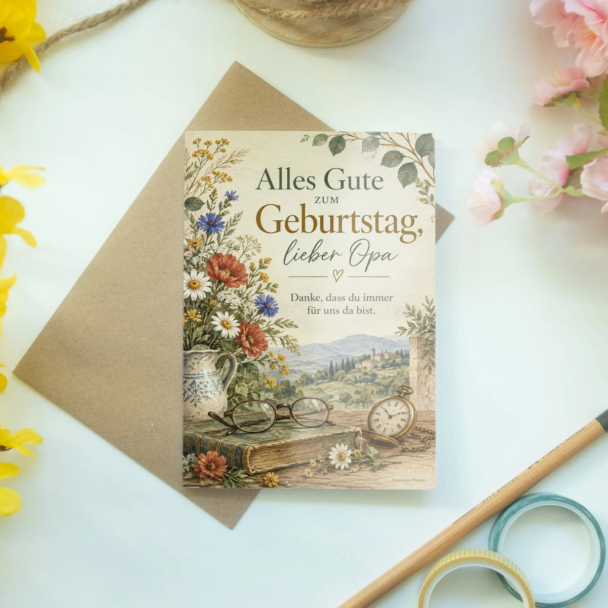 Herzliche Geburtstagskarte für Opa mit Blumen und Taschenuhr|p:2015135|h:d7ece56e9847c2ec78ada97a11363f99