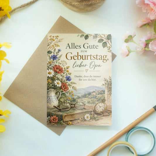 Herzliche Geburtstagskarte für Opa mit Blumen und Taschenuhr|p:2015135|h:d7ece56e9847c2ec78ada97a11363f99