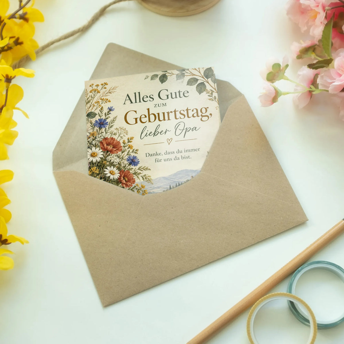 Herzliche Geburtstagskarte für Opa mit Blumen und Taschenuhr|p:2015135|h:5146fa4775bfb0f8f516e96f38275a91