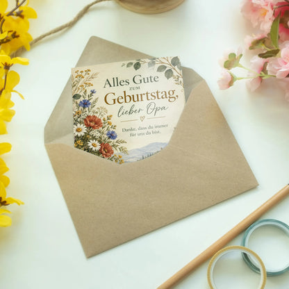 Herzliche Geburtstagskarte für Opa mit Blumen und Taschenuhr|p:2015135|h:5146fa4775bfb0f8f516e96f38275a91