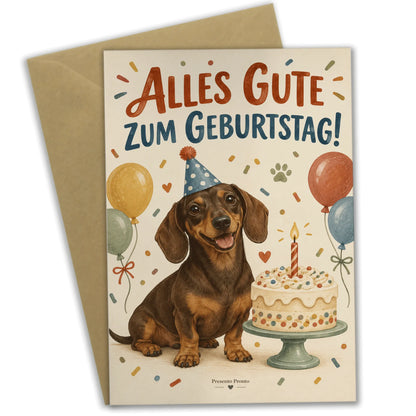 Süße Geburtstagskarte mit Dackel und Partyhut|p:2015138|h:c8b35c8681bae4fa07824bbd3cd88eb9