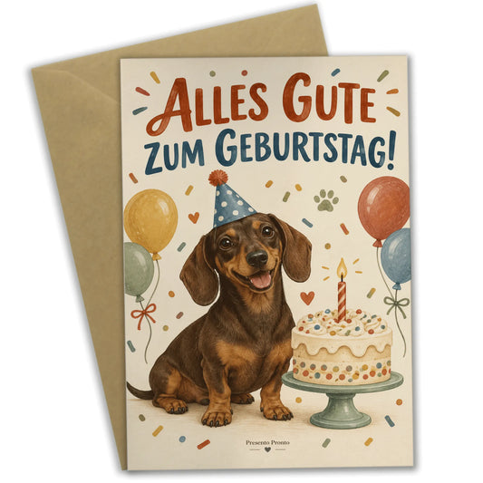 Süße Geburtstagskarte mit Dackel und Partyhut|p:2015138|h:c8b35c8681bae4fa07824bbd3cd88eb9