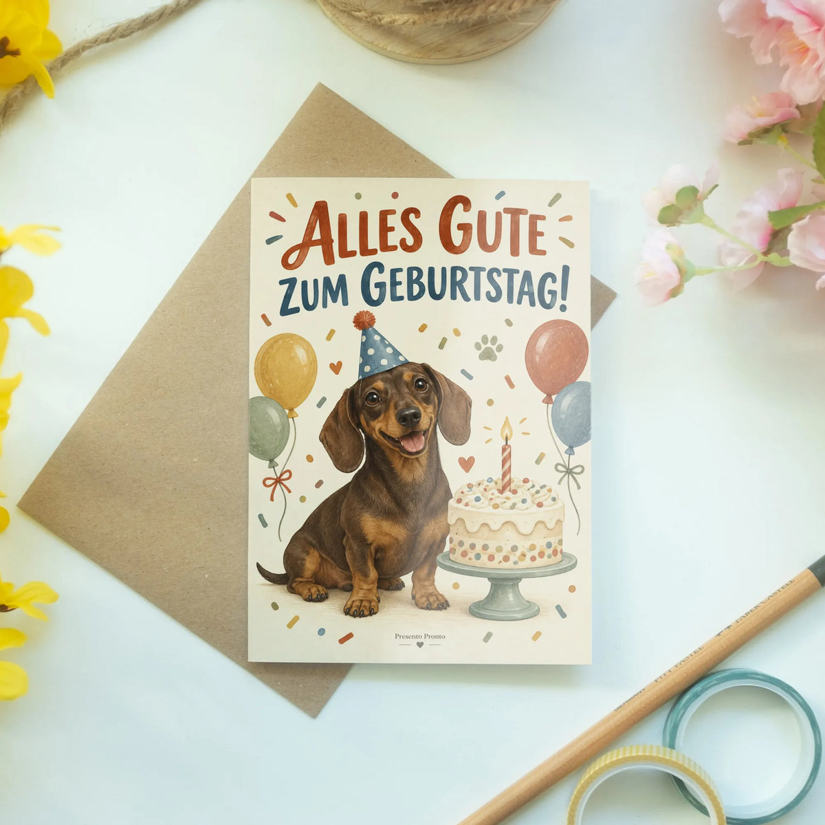 Süße Geburtstagskarte mit Dackel und Partyhut|p:2015138|h:11f76f267e1799b4f3836124523f12e8