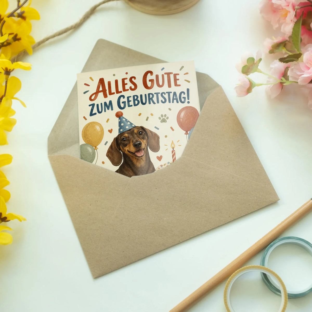 Süße Geburtstagskarte mit Dackel und Partyhut|p:2015138|h:e117f6b1726f65b4ba163ab5e018971e