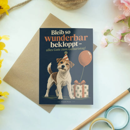 Lustige Geburtstagskarte für Hundefans mit Terrier im Partyhut|p:2015146|h:6956db6ace04a3c9e8c1d68256d319c2