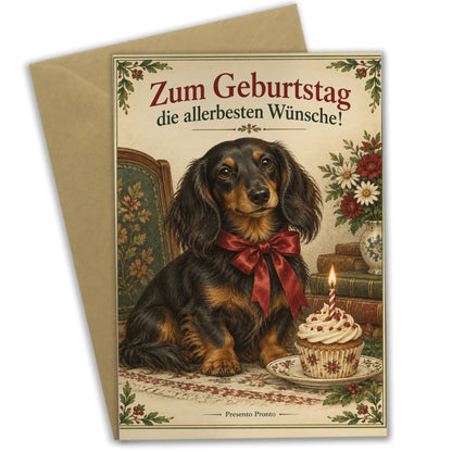 Elegante Geburtstagskarte mit Dackel und Cupcake|p:2015153|h:cc689b8c6b6d40bdf98575e7f916ac90