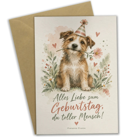 Herzliche Geburtstagskarte für Hundefreunde mit Terrier im Partyhut|p:2015154|h:40120c0dadfe7a76e51408e9ac2e8f29