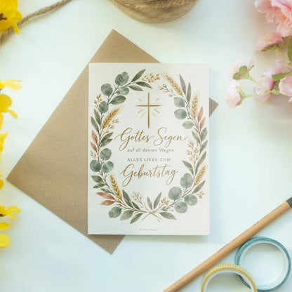 Christliche Geburtstagskarte mit Eukalyptuskranz und Kreuz|p:2015162|h:b8a218bf72d3e6c5ab9220426839627b