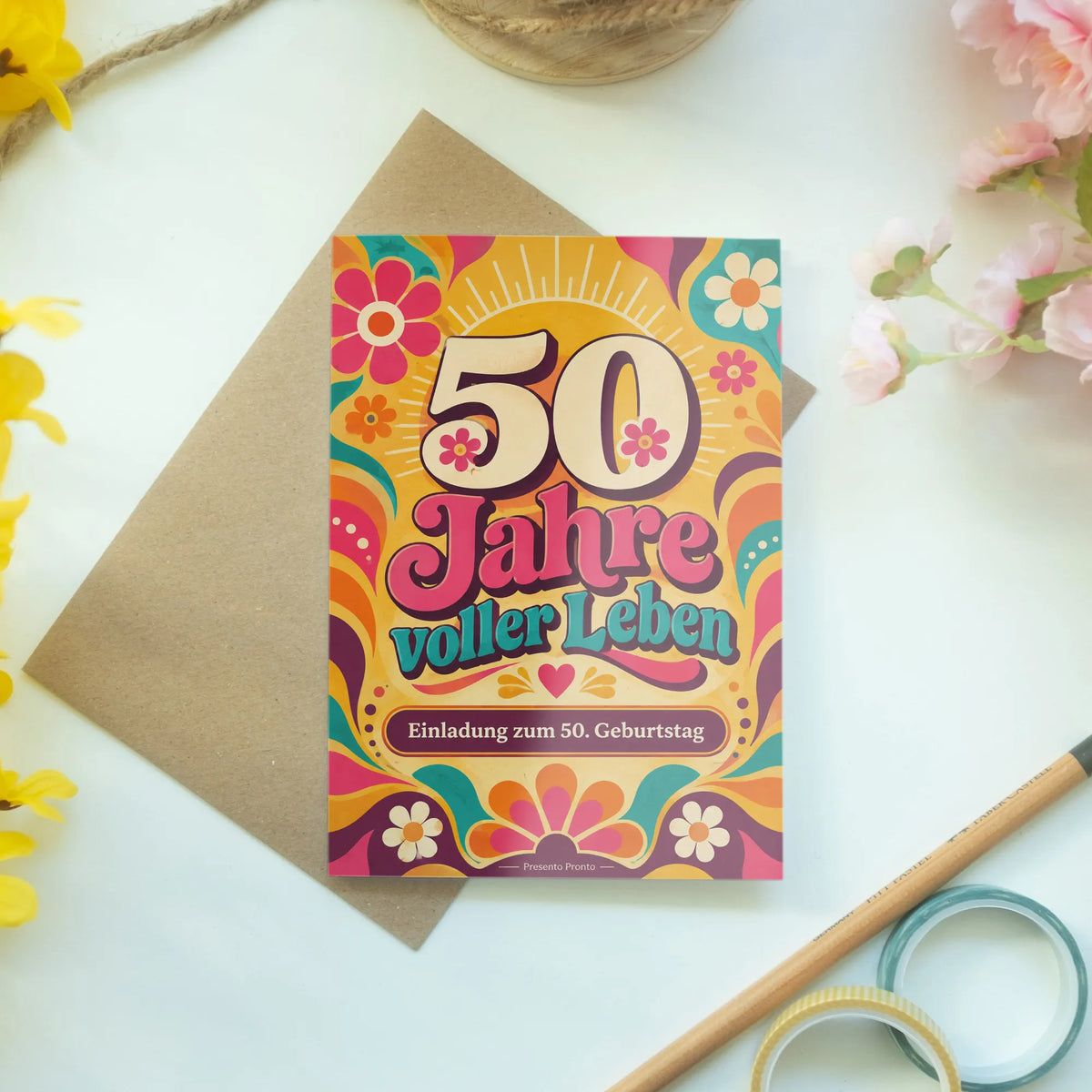 Fröhliche Einladungskarten zum 50. Geburtstag für Frauen mit Blumen|p:2015173|h:45d55298d1f240a159ea971970178acb