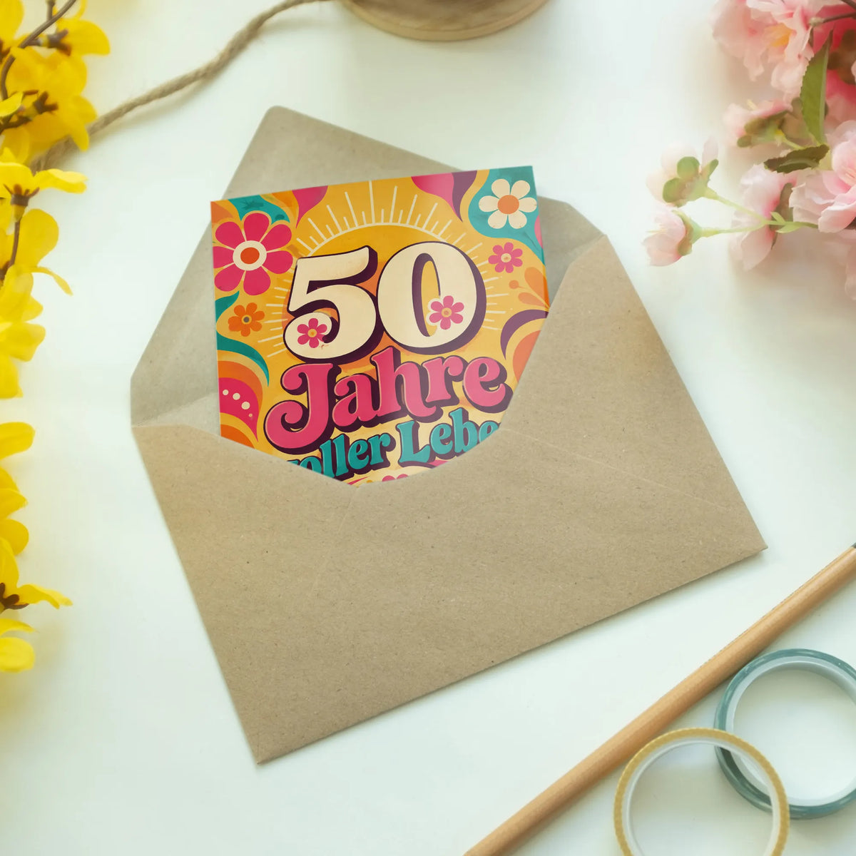 Fröhliche Einladungskarten zum 50. Geburtstag für Frauen mit Blumen|p:2015173|h:e75d9b2259fe58c1e0a5d0f5f4407abb