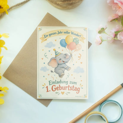 Süße Einladungskarten zum 1. Geburtstag mit Elefant|p:2015175|h:73e36ab1734abac35203fd9246241505