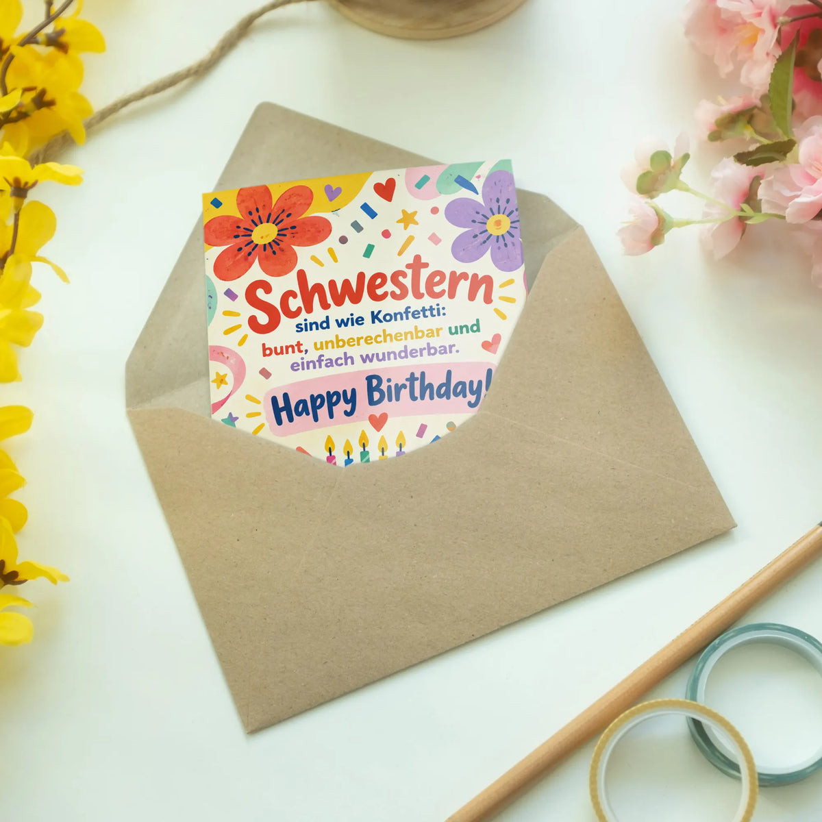 Fröhliche Geburtstagskarte für die Schwester mit Konfetti|p:2015181|h:7f18e8e8901bd8619450b4c54e46df36