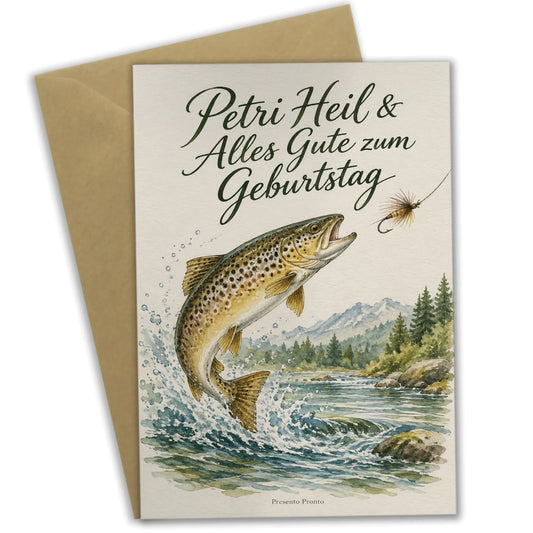 Herzliche Geburtstagskarte für Angler mit springender Forelle|p:2015197|h:0df9d2bc1aef1c748feea18b6f81bfcf