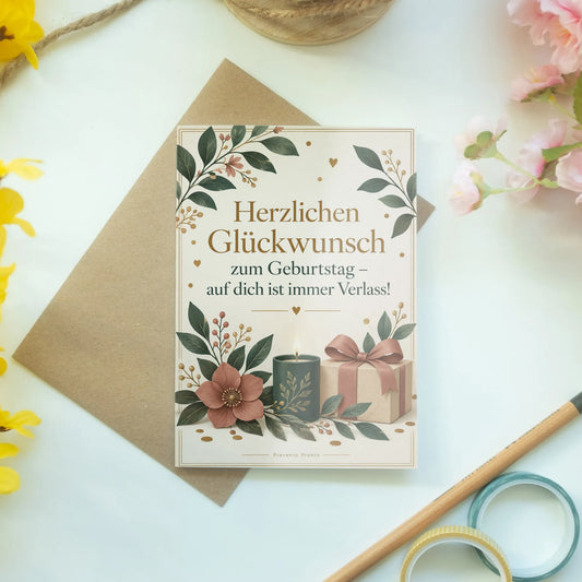 Elegante Geburtstagskarte für Kollegen mit Zweigen und Kerze|p:2015206|h:399e2e0bf630a62894f772628bdfa1ef