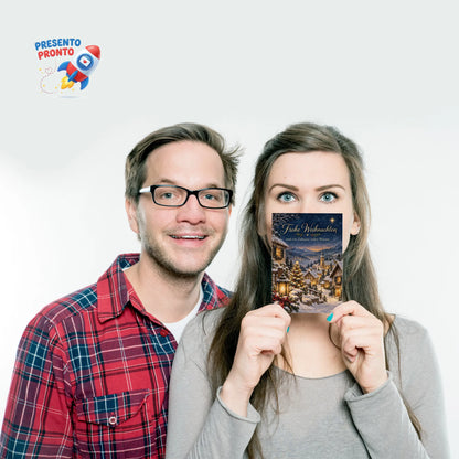 Gemütliche Postkarte zu Weihnachten mit verschneitem Dorf|p:2015211|h:55e8a52cf9605aead1d577f0f08fedf5