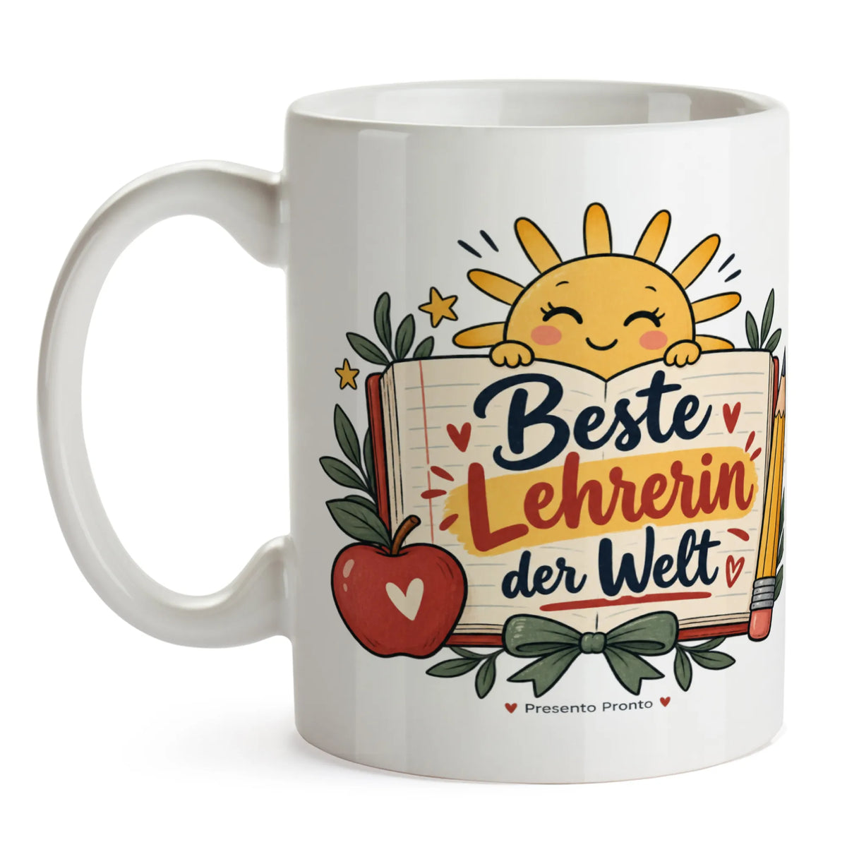 Herzliche Tasse für Lehrerin mit Schulheft und Apfel|p:2015223|h:76b5000102debc536933109c6b838a51