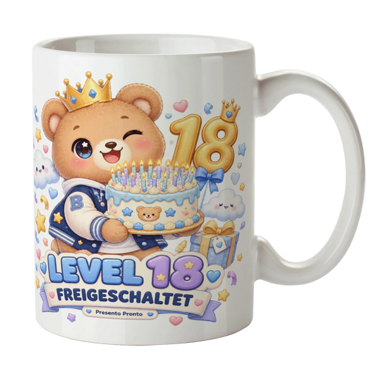 Lustige Tasse zum 18. Geburtstag für Jungen mit fröhlichem Bär|p:2015225|h:950db549cf07a69d602eb10ac943e8b4