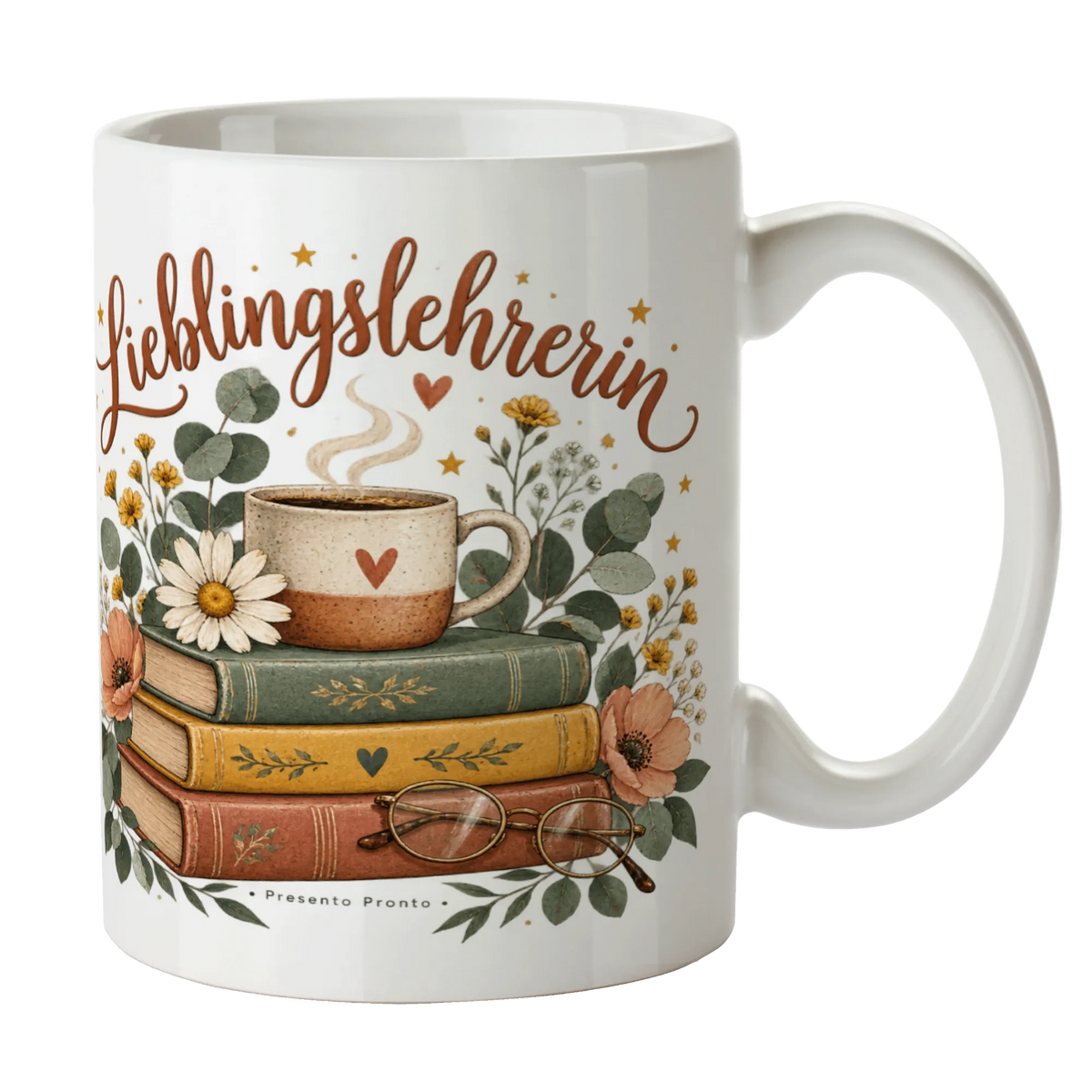 Herzliche Tasse für die Lehrerin mit Bücherstapel|p:2016172|h:b5d42156ada11be4ec0770b100d7b07a