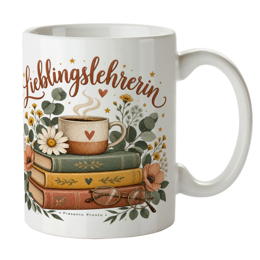 Herzliche Tasse für die Lehrerin mit Bücherstapel|p:2016172|h:b5d42156ada11be4ec0770b100d7b07a
