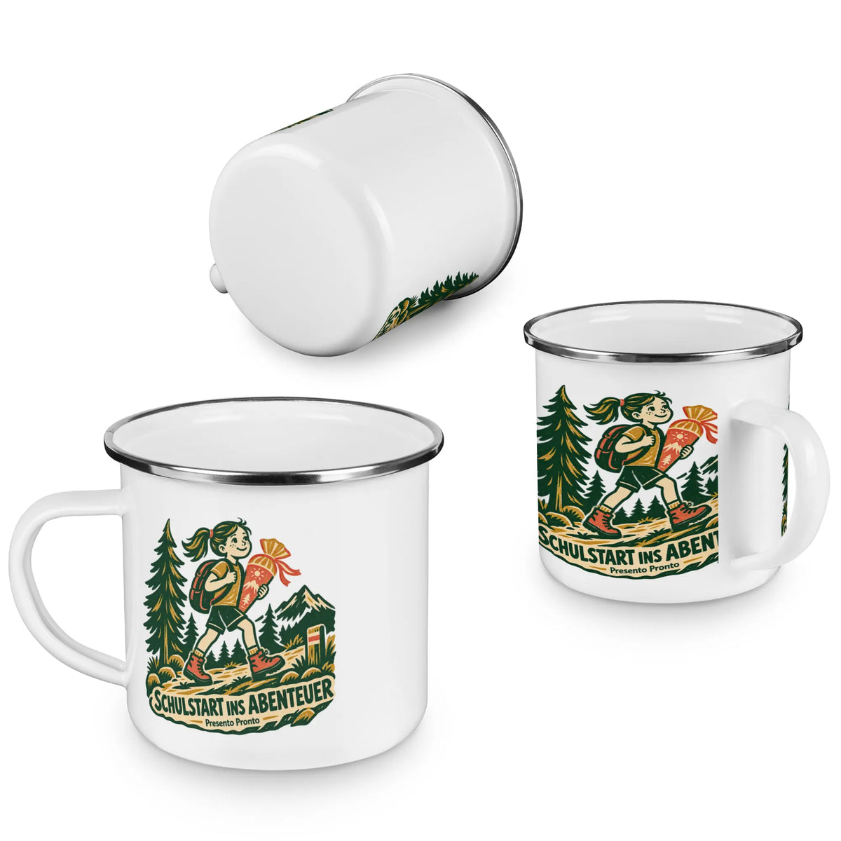 Abenteuerliche Emaille Tasse zur Einschulung für Mädchen mit Schülerin|p:2016542|h:281182c96c06335b9fef2882b3cbae47